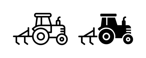 Farm Tractor with Plow Icons, Agricultural Machinery Vector Symbols, Farming Equipment Line Art and Silhouette © Nazmun