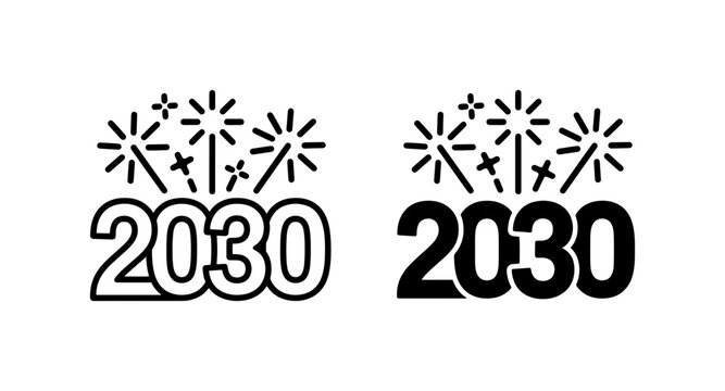 2030 New Year Fireworks Icons, Future Year Celebration Vector Set, Modern Year Countdown Graphics