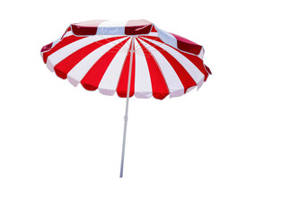 Isolated classic red and white striped outdoor sun umbrella, providing essential shade for summer. © Oisin