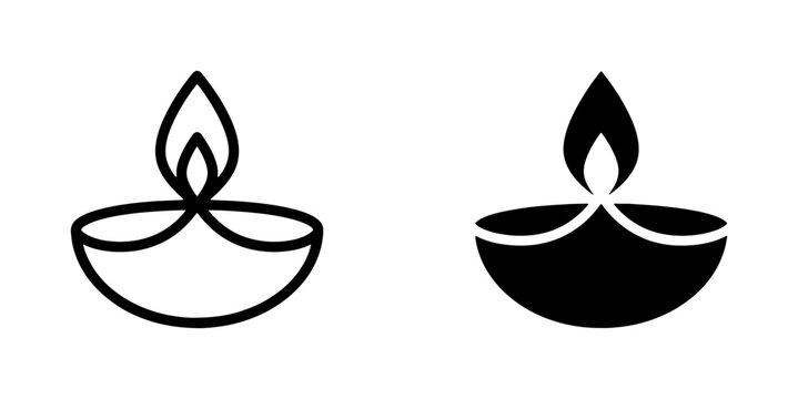 Diya Lamp Icons: Traditional Indian Oil Lamp Vector Graphics, Diwali Celebration Symbols, Outline and Silhouette Designs