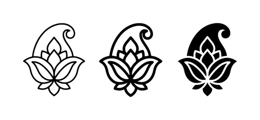 Traditional paisley lotus icons set, black and white floral buta motifs, 3 ornamental vector elements for textile design © Fariya
