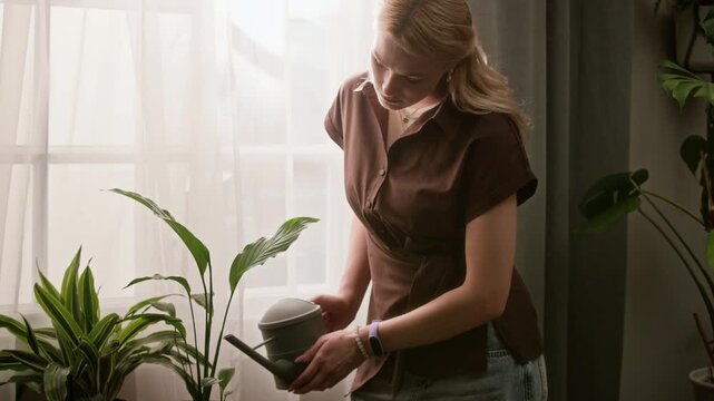Tilt up slowmo shot of young blonde Caucasian woman watering potted houseplant with watering can standing by window in modern living room in daytime