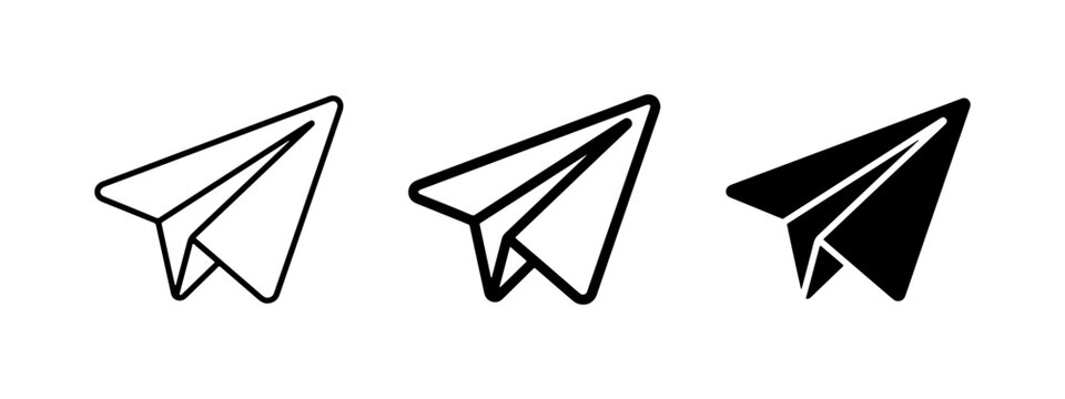 Paper plane vector icons set, minimalist black outline and solid paper airplane symbols, message send button graphics