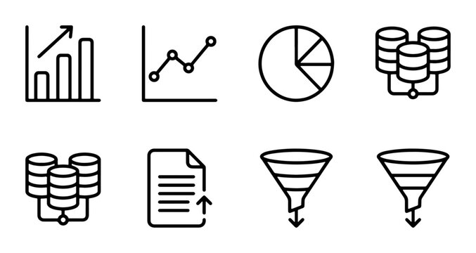 Data Analysis Icons Set: Charts, Graphs, Pie, Database, Document, Filters - Business & Technology Vector Graphics