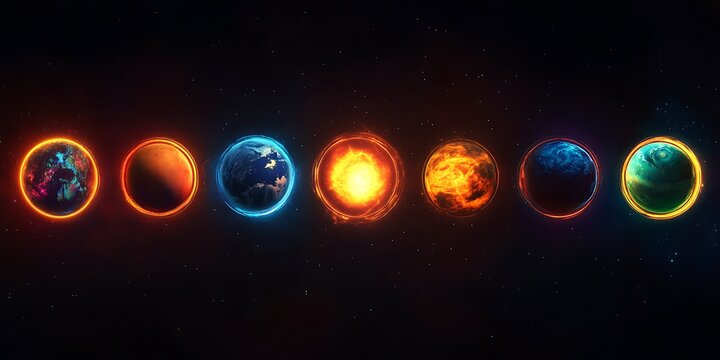 Seven vibrant celestial bodies glow in a cosmic display against starry space.