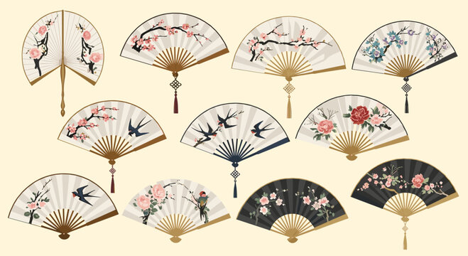 Set of traditional oriental folding fans featuring intricate floral and bird designs on various paper backgrounds.