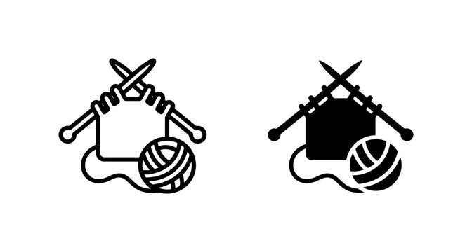 Knitting Icons, Yarn Ball & Needles Set, Crafting & Hobby Vector Graphics, Handmade Textile Art