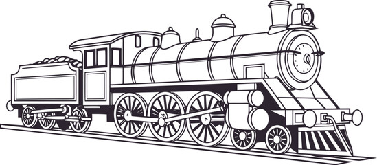 Black and white line art illustration of a vintage steam locomotive train © S M Sajib