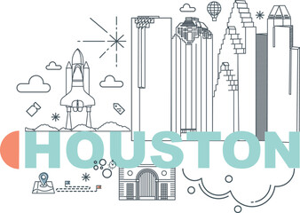 Obraz premium Houston culture travel set, American famous architectures, USA in flat design. Texas business travel and tourism concept clipart. Image for presentation, banner, website, advert, flyer, roadmap, ico