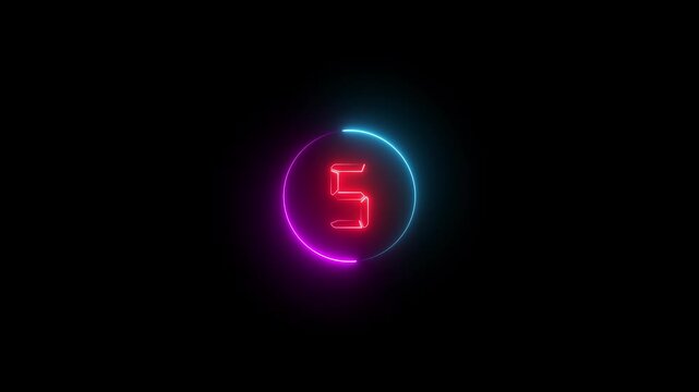 Glowing neon sign on black light countdown timer from 10 to 0 seconds. Neon glowing countdown timer 10 second animation. Neon Countdown on black background. 
