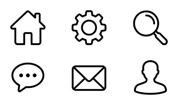 Minimalist line icon set, 6 black outline web symbols, modern interface navigation elements for mobile app design