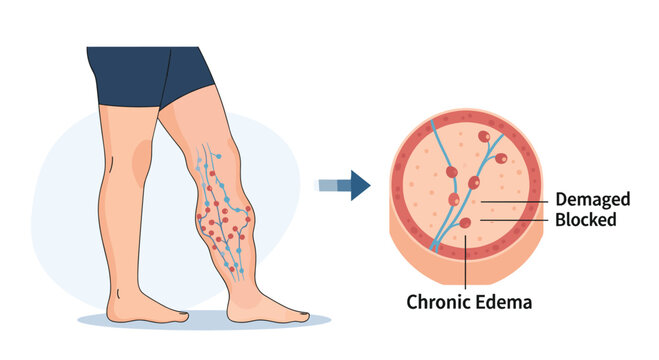 Medical diagram showing chronic edema in a human leg with a cross section illustration of damaged and blocked vessels.