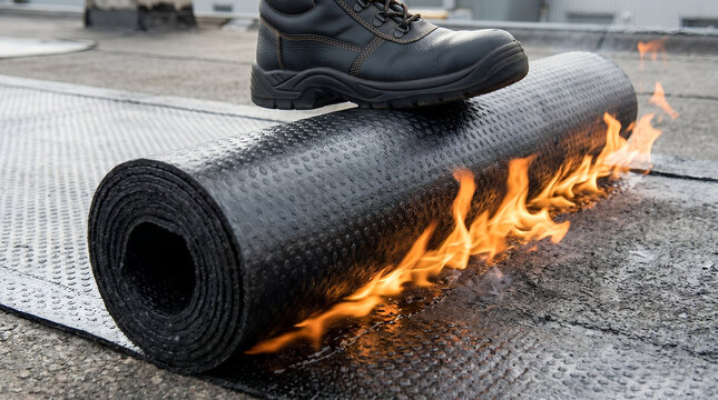 Close up of a roofer's safety boot pushing and unrolling a melting bitumen membrane roll during torch-on flat roof waterproofing.