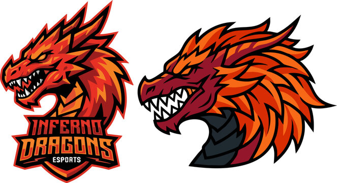 Inferno Dragons esports mascot logo, aggressive red fire dragon head vector, competitive gaming team emblem with fierce mythical creature