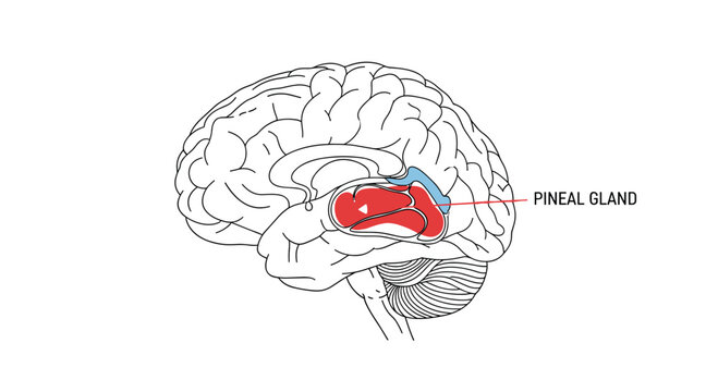 Medical anatomical diagram of the human brain with the pineal gland highlighted in red and blue for easy identification.