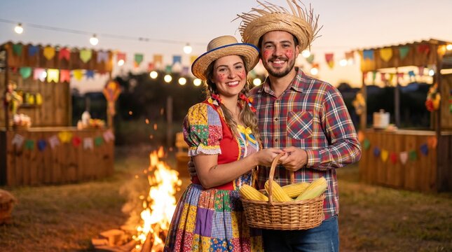 Casal caipira segurando cesta de milho em ambiente tradicional de festa junina