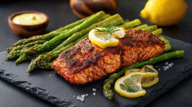 blackened salmon fillet with cajun spices served on a plate