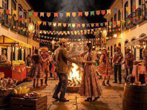 Festa junina brasileira noturna em pra&ccedil;a iluminada com casal dan&ccedil;ando quadrilha ao redor da fogueira
