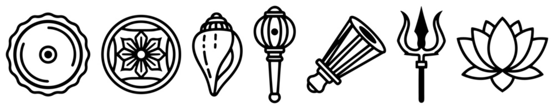 Hindu religious symbols including trishula lotus conch shell and chakra in traditional linear style