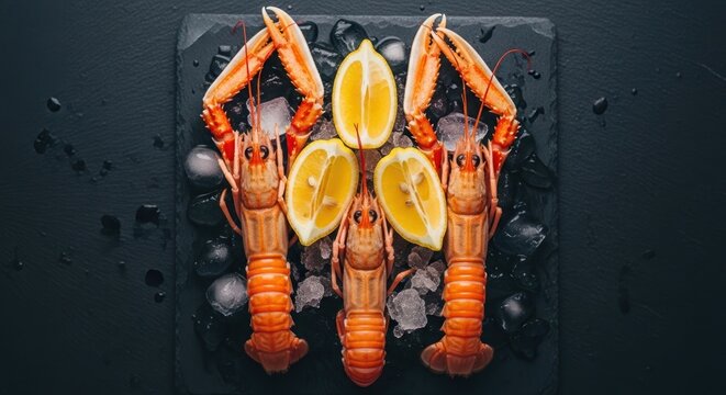 Fresh langoustines with lemon slices on a dark background.