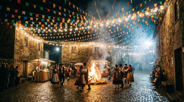 Rua do interior decorada para S&atilde;o Jo&atilde;o com bandeirinhas coloridas e ilumina&ccedil;&atilde;o noturna
