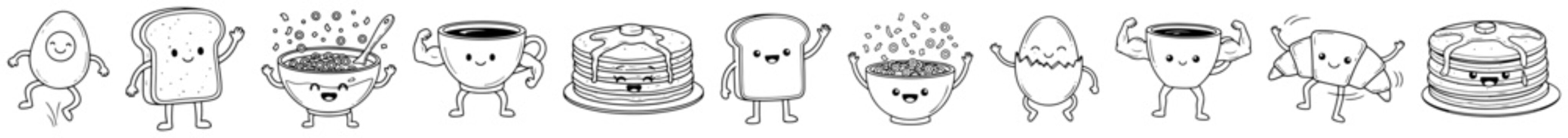 Breakfast food characters with cute faces in kawaii doodle style