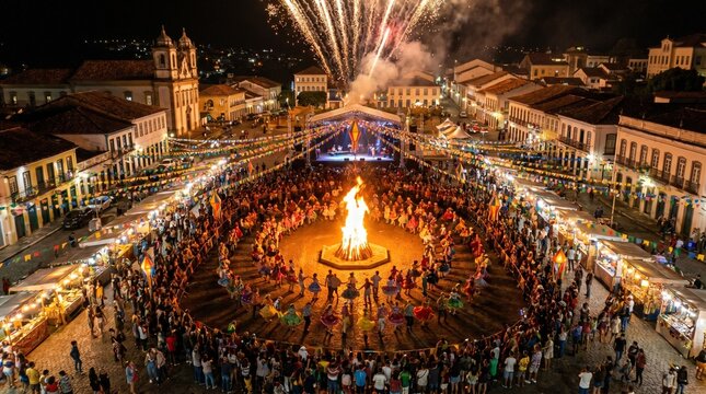 Vista a&eacute;rea de grande festa junina brasileira com quadrilha e fogueira gigante