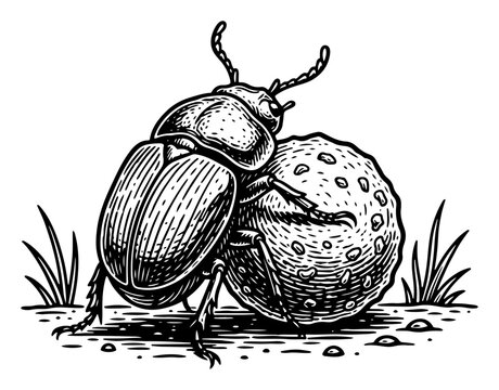 Scarab beetle rolling dung ball through grass in detailed engraving style