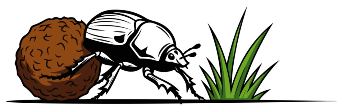 Dung beetle working to move a large ball of manure in a stylized graphic style