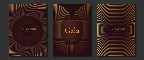 Fototapeta na wymiar Luxury gold art deco invitation vector set with geometric stripes and elegant line background for gala party.