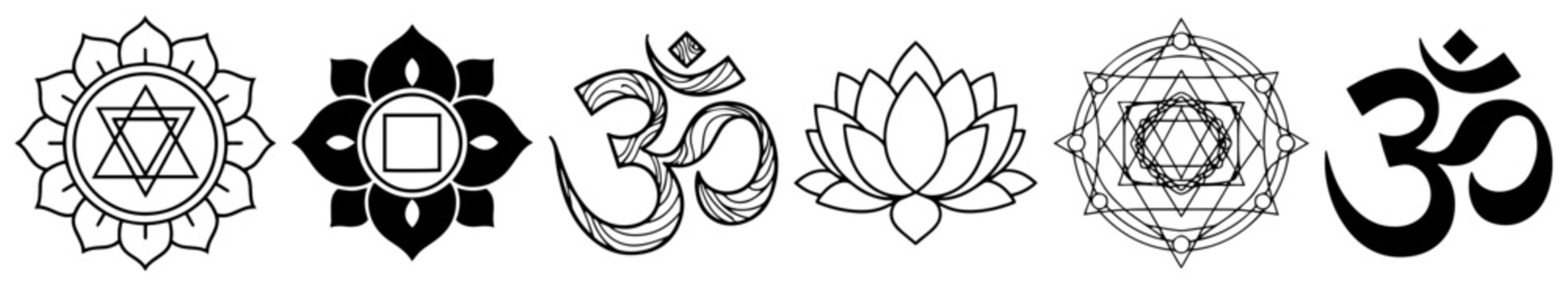 Hindu spiritual symbols including om sign lotus flower and mandalas in clean line art style