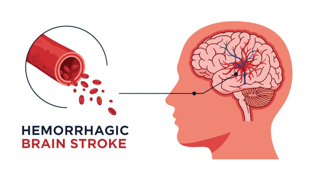 Detailed medical illustration showing a hemorrhagic brain stroke with a close-up of a ruptured blood vessel unit.
