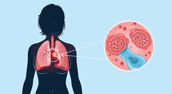 Medical illustration showing human lungs and a magnified view of alveoli affected by disease in a female silhouette.