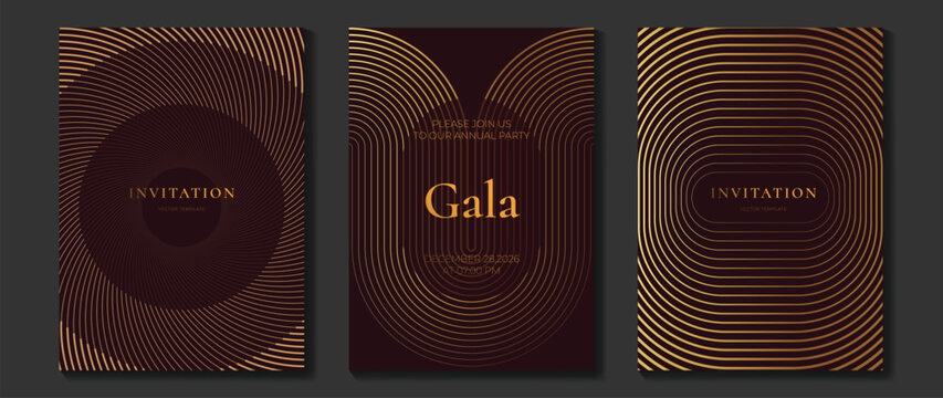 Luxury gold art deco invitation vector set with geometric stripes and elegant line background for gala party.