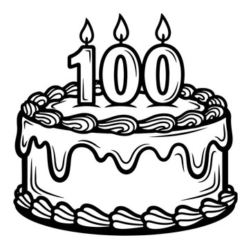 Birthday cake with number 100 candles and cream frosting in clean line art style
