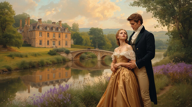Regency era couple in gold gown and black tailcoat by a river looking at each other with English manor house background