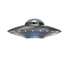 Isolated futuristic metallic flying saucer with glowing blue lights on a mysterious journey © Oisin