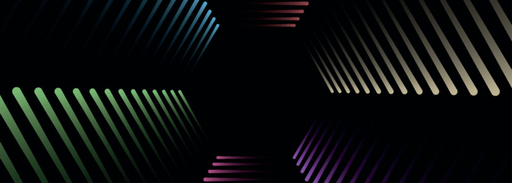 Black abstract background with glowing colorful swirling lines decoration. Minimalist design with trendy moving lines pattern for cover, banner, brochure, presentation, website. EPS. 4