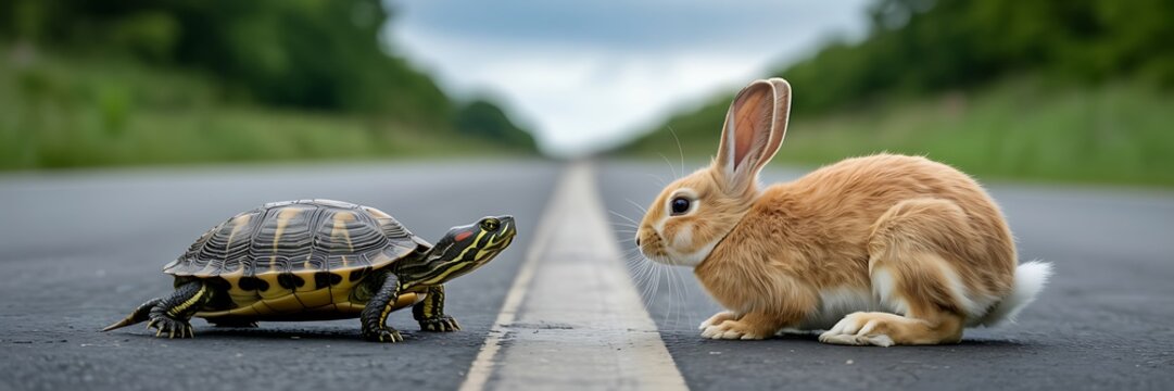 A turtle and a rabbit facing each other on an empty road