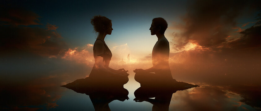 Two people meditating together against a sunset background  