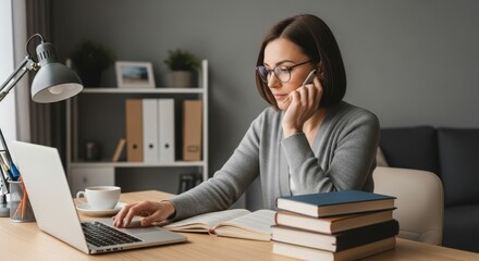 Fototapeta premium Focused teacher preparing for online lessons on laptop with books and phone call