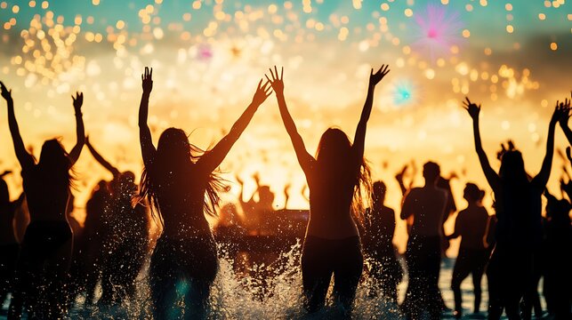 Silhouettes of happy young people dancing at a beach party with fireworks and music during sunset