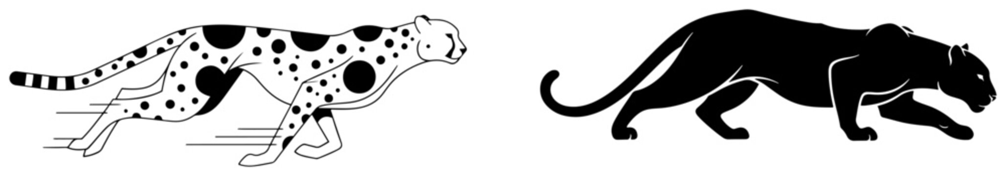 Cheetah running and black panther stalking prey in bold graphic silhouette style