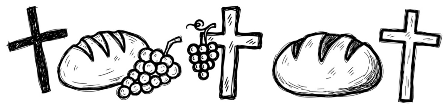 Christian religious symbols including cross bread and grapes in hand drawn style