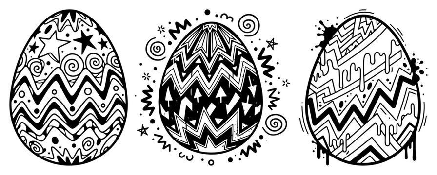 Easter eggs with intricate patterns and doodle decorations in line art style