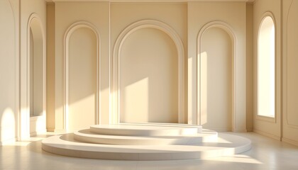 Fototapeta premium An architectural setting featuring a circular area with a central pedestal and benches that form a semi circle around it