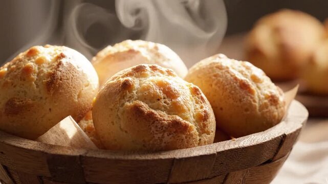 Cinematic macro loop of golden, fresh Brazilian cheese bread in a wooden basket, with soft steam rising gently from the hot, crispy crust.
