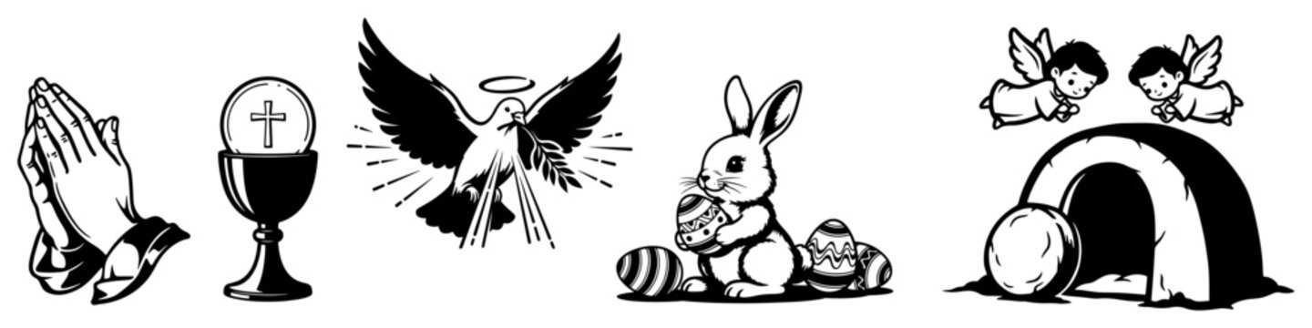 Religious and easter icons set featuring praying hands and holy dove in line art style