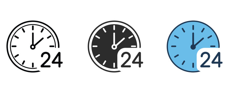 24 Hour Clock Icons In Different Colors And Styles, Modern Time Management Symbols, Digital And Analog Timer Concept, Vector Illustration