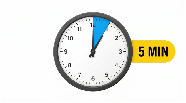 Analog clock showing five minutes with blue countdown hand on white background